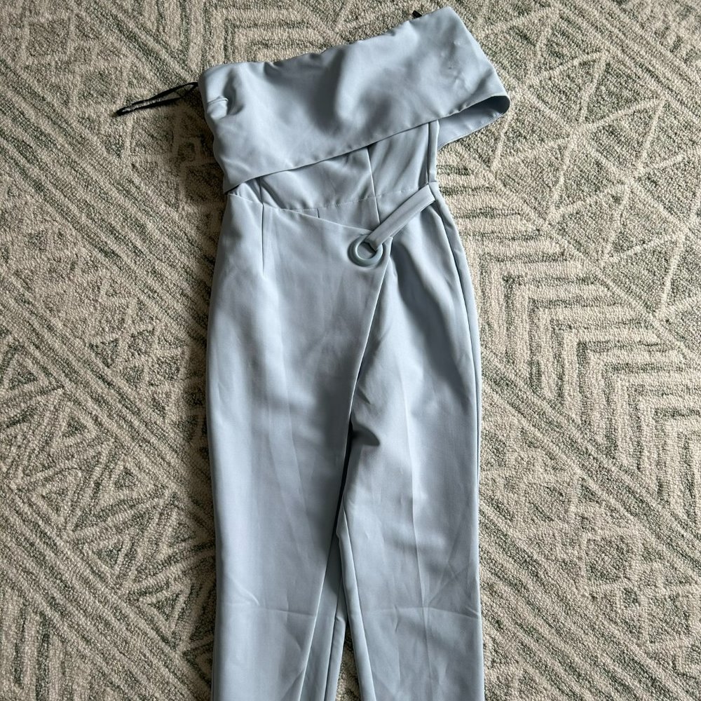 ASOS DESIGN one shoulderbelted jumpsuit in pastel blue